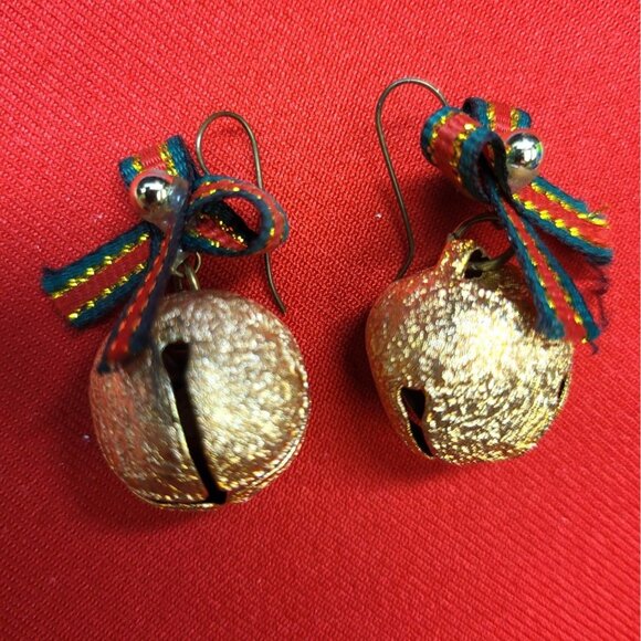 Christmas Dangling Earrings Golden Christmas Tree  Jingle Bell Set of 2 - Picture 7 of 14